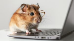 Hamster mit Brille benutzt Laptop