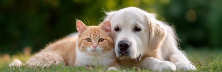 A friendly golden retriever lays beside a ginger cat in a sunny garden.