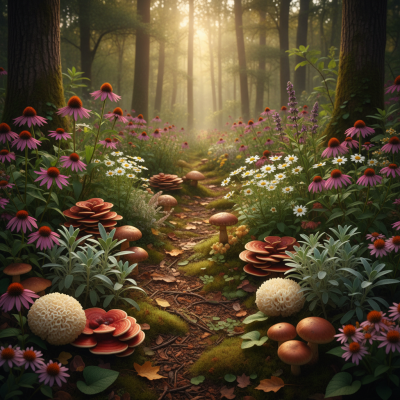 Wald mit Heilpilzen und Heilpflanzen